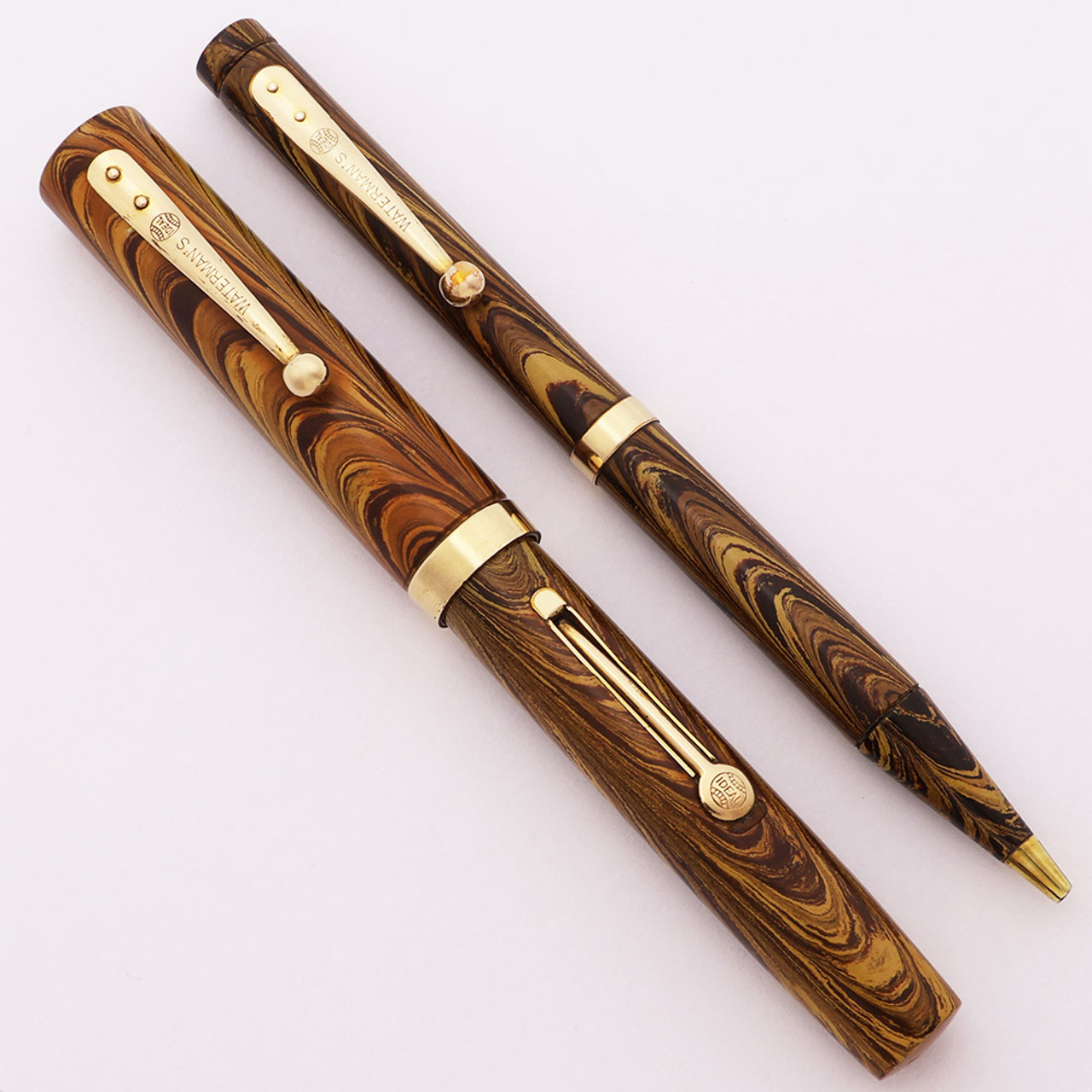 Waterman 52 V Olive Ripple Fountain Pen and Pencil Set - Flexible Fine Nib (Excellent +, Restored)