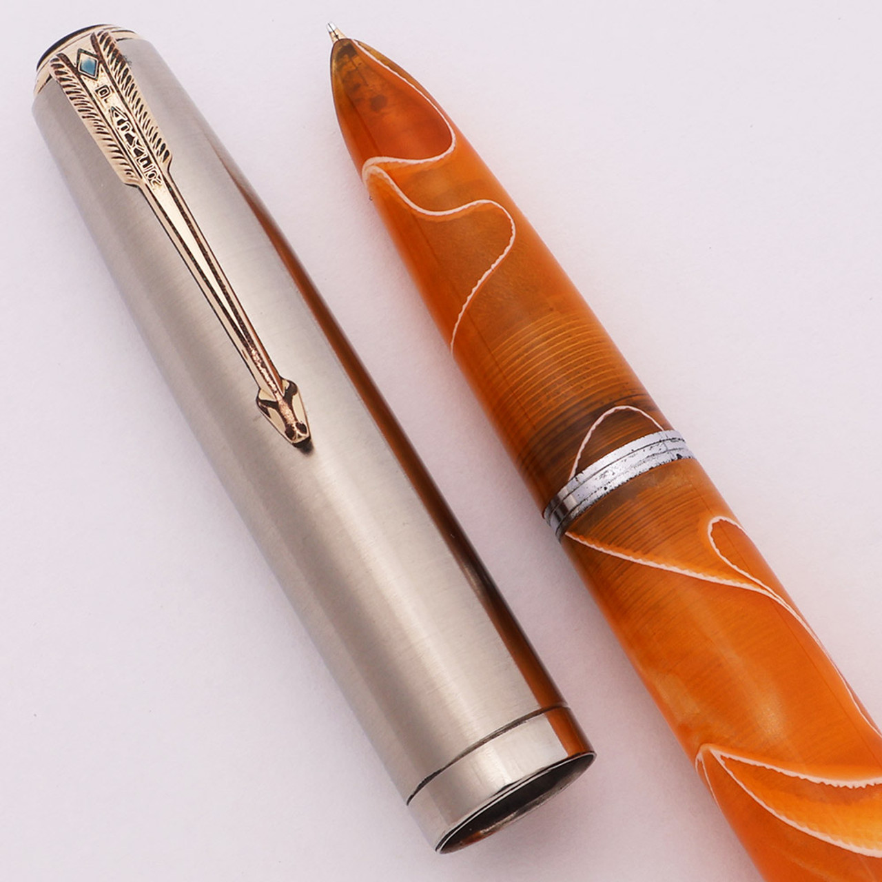 Parker 51 Vacumatic Kullock "Fantasy" - Orange w White Lines, Brushed Steel Cap w Gold Trim, Medium Gold Nib (Excellent, Restored)