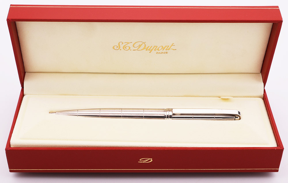 ST Dupont Olympio Ballpoint Pen - Sterling Silver Lined and Sectioned Pattern (Excellent in Box, Works Well)