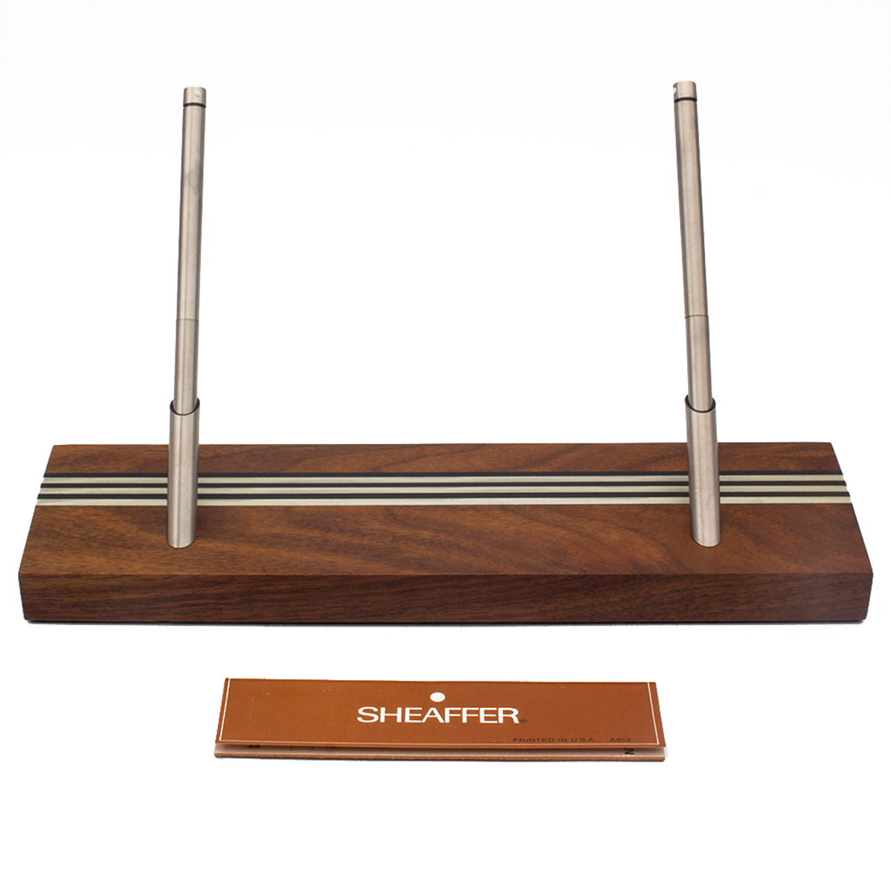 Sheaffer CW22 Two-Pen Wood Desk Set - Walnut Base w Steel Stripe Inlay, Slim Targa Ballpoints (New Old Stock In Box)