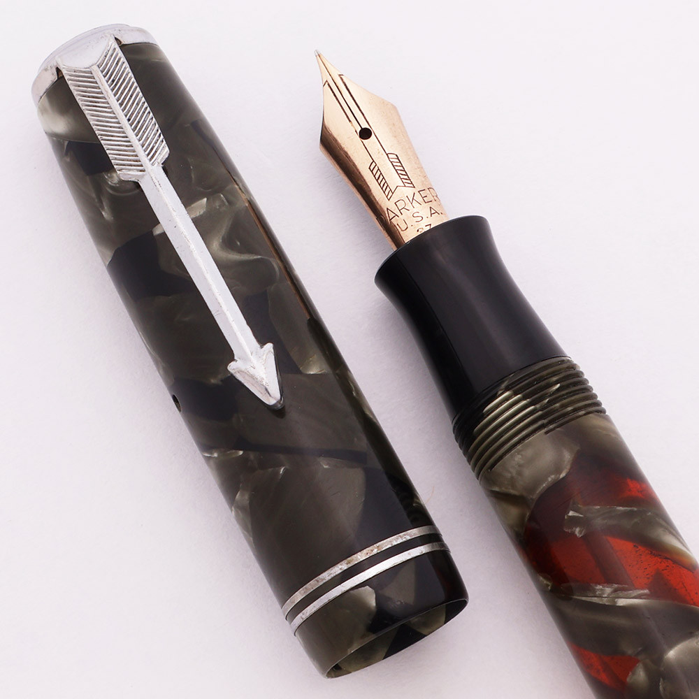 Parker Vacumatic Junior Fountain Pen (1937) - Grey Marble, Double Jewel, Extra Fine Nib (Very Nice, Restored)