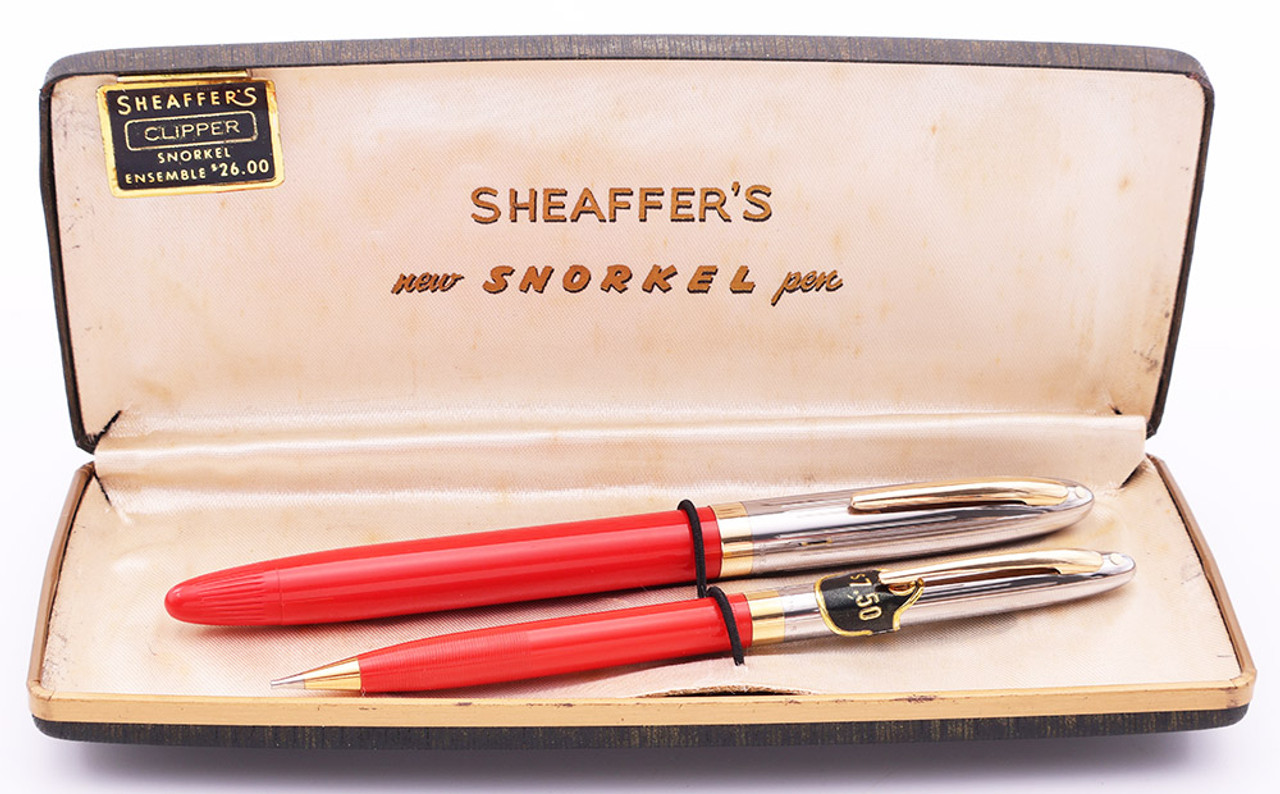 Sheaffer Clipper Snorkel Fountain Pen Pencil Set - Fiesta Red, Fine PdAg Nib (Excellent + in Box, Restored)