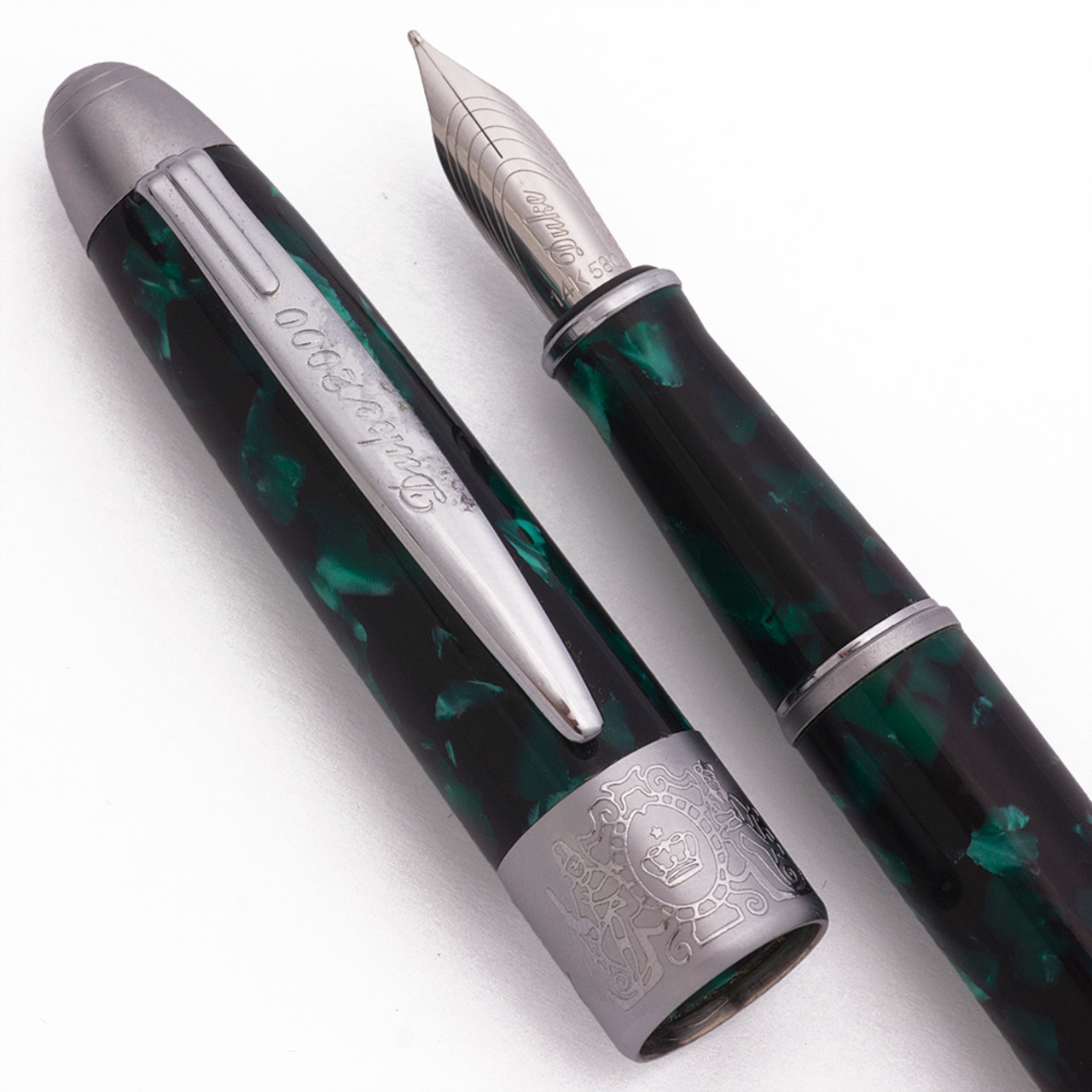 Duke 2000 Fountain Pen - Green Marble Resin, Brushed Chrome Trim, C/C,  Fine 14k Nib (Excellent, Works Well)