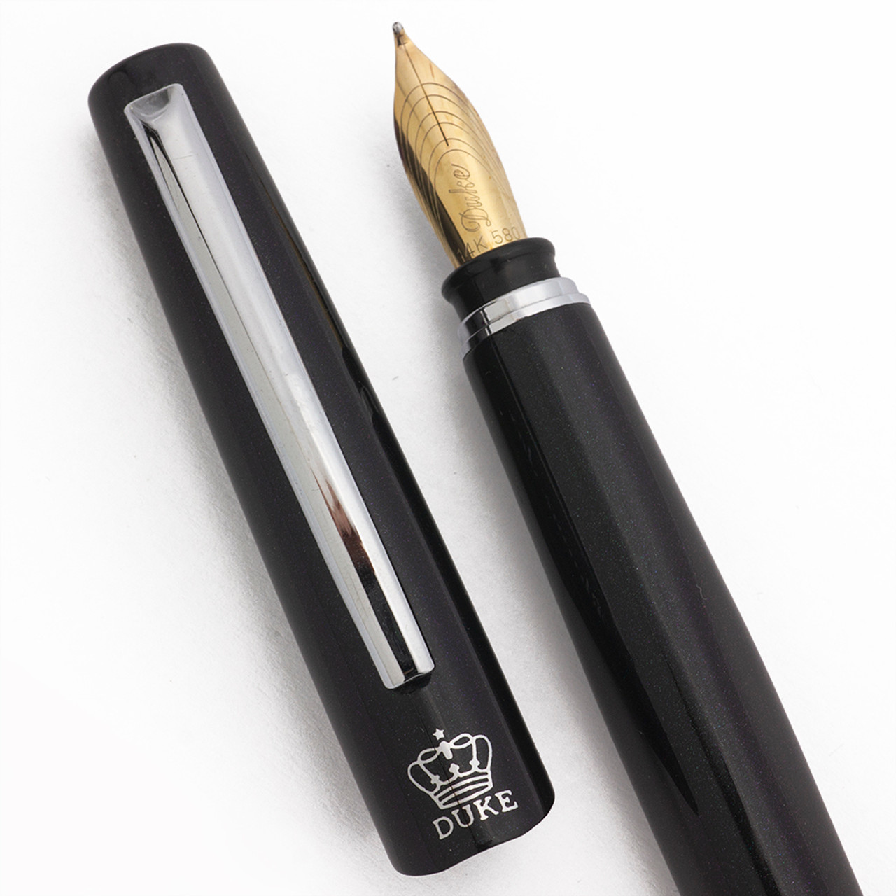 Duke Rhyme Star Fountain Pens (2000s) - Dark Metallic with Sparkles,  Fixed Piston Filling System, 14k Art "Fude" Nib (Excellent, Works Well) Duke Rhyme Star Fountain Pens (2000s) - Dark Metallic with Sparkles,  Fixed Piston Filling System, 14k Art "Fude" Nib (Excellent, Works Well)