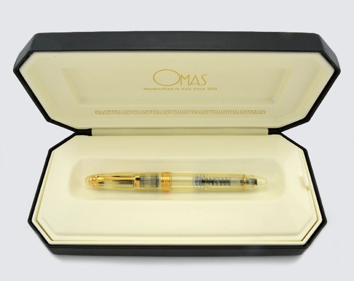 omas ogiva vision fountain pen clear w gold trim ribbed guilloche flexible 18k fine mint in box peyton street pens