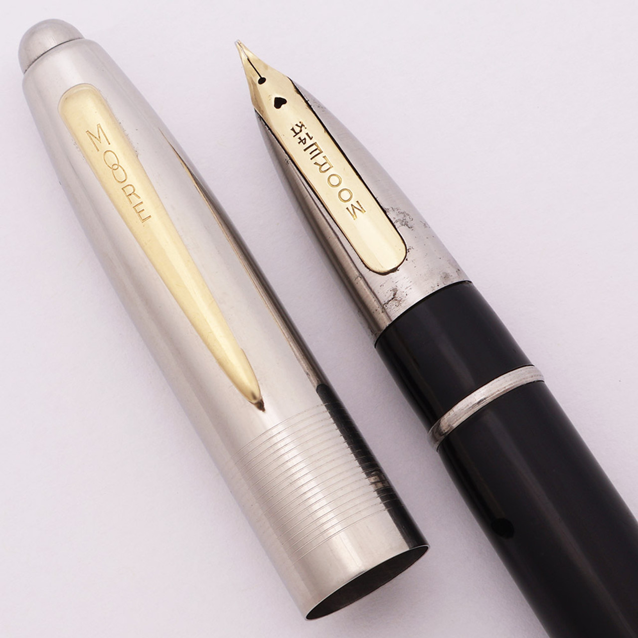 Moore 96-B Fingertip Fountain Pen (1948) - Hard to Find 2nd Generation,  Black w Chrome Cap, 14k Fine Nib (Very Nice, Restored)