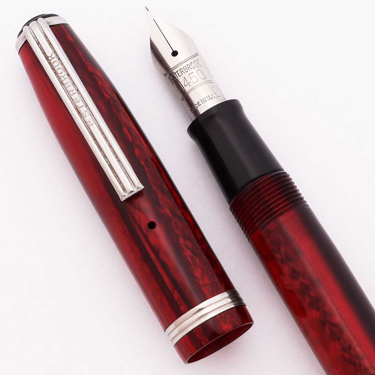 Esterbrook SJ Fountain Pen (1950s) - Red w/Steel Trim, Double Jewels, Lever Filler, #9450 Firm Medium Nib (Excellent, Restored)