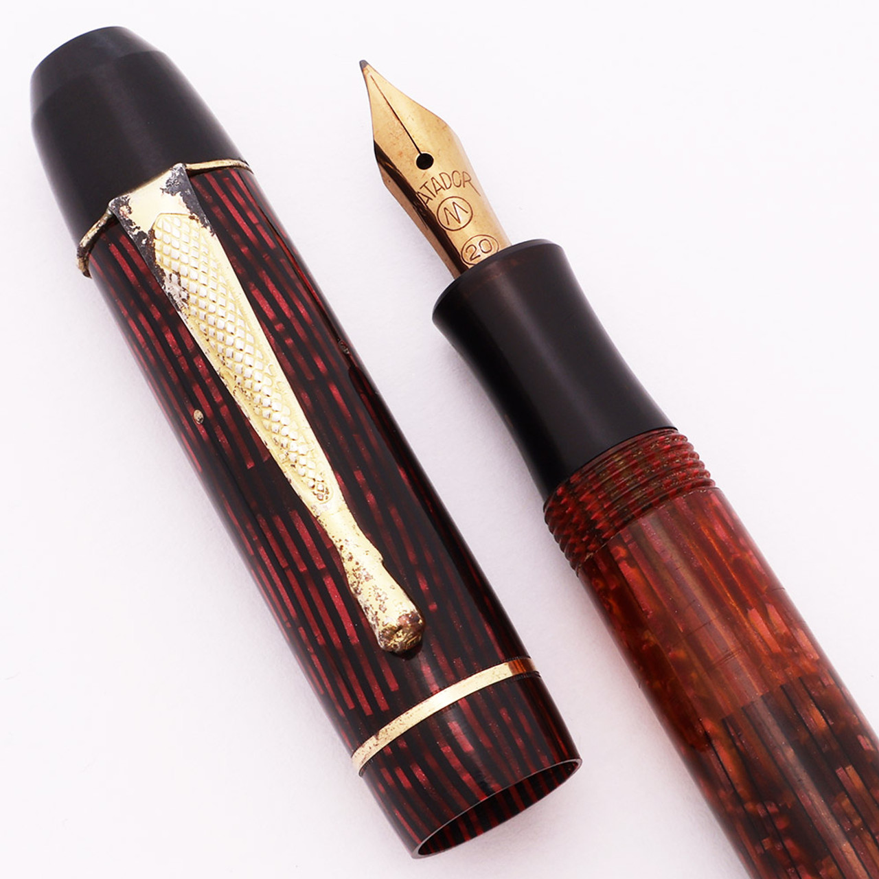 Matador Standard 811 Fountain Pen (Germany, 1930s) - Burgundy/Black Stripe w/GT, Piston Fill, Fine Flexible #20 Nib (Excellent, Works Well)