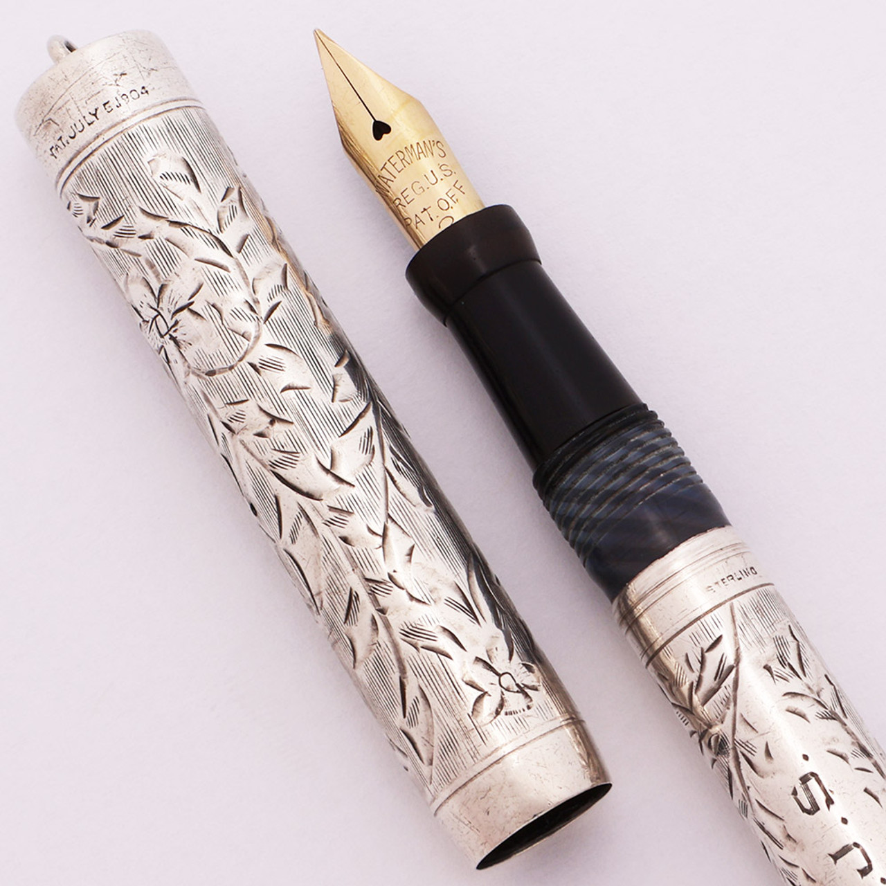 Wahl Sterling Ringtop Fountain Pen - Engraved Floral Overlay, Flexible Fine Waterman Nib (Very Nice, Restored)