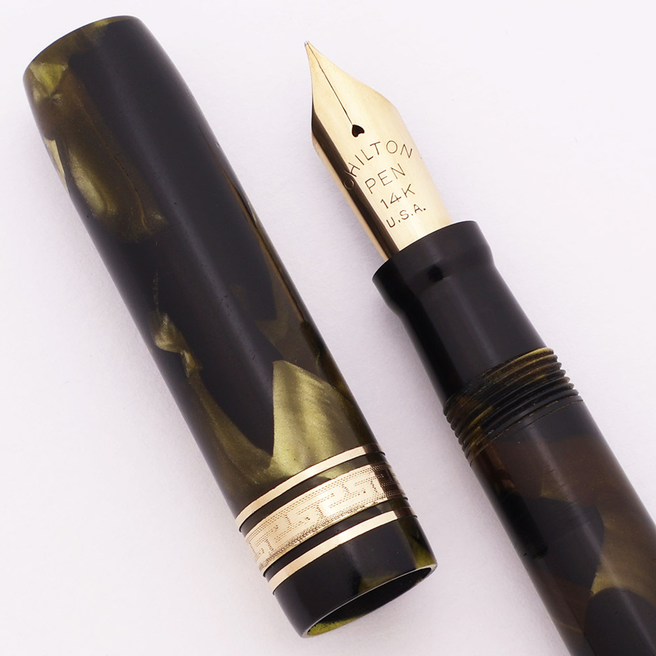 Chilton Pneumatic Filler - Green Marble Ring Top, Black End, Fine 14k Nib (Excellent, Restored)