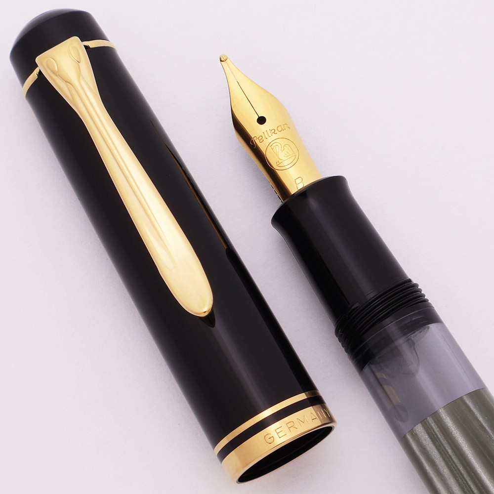 Pelikan M200 Fountain Pen (Old Style, 1988-1997) - Gray Marbled w/Black Cap, Piston Filler, GP Broad Nib (Excellent +, Works Well)