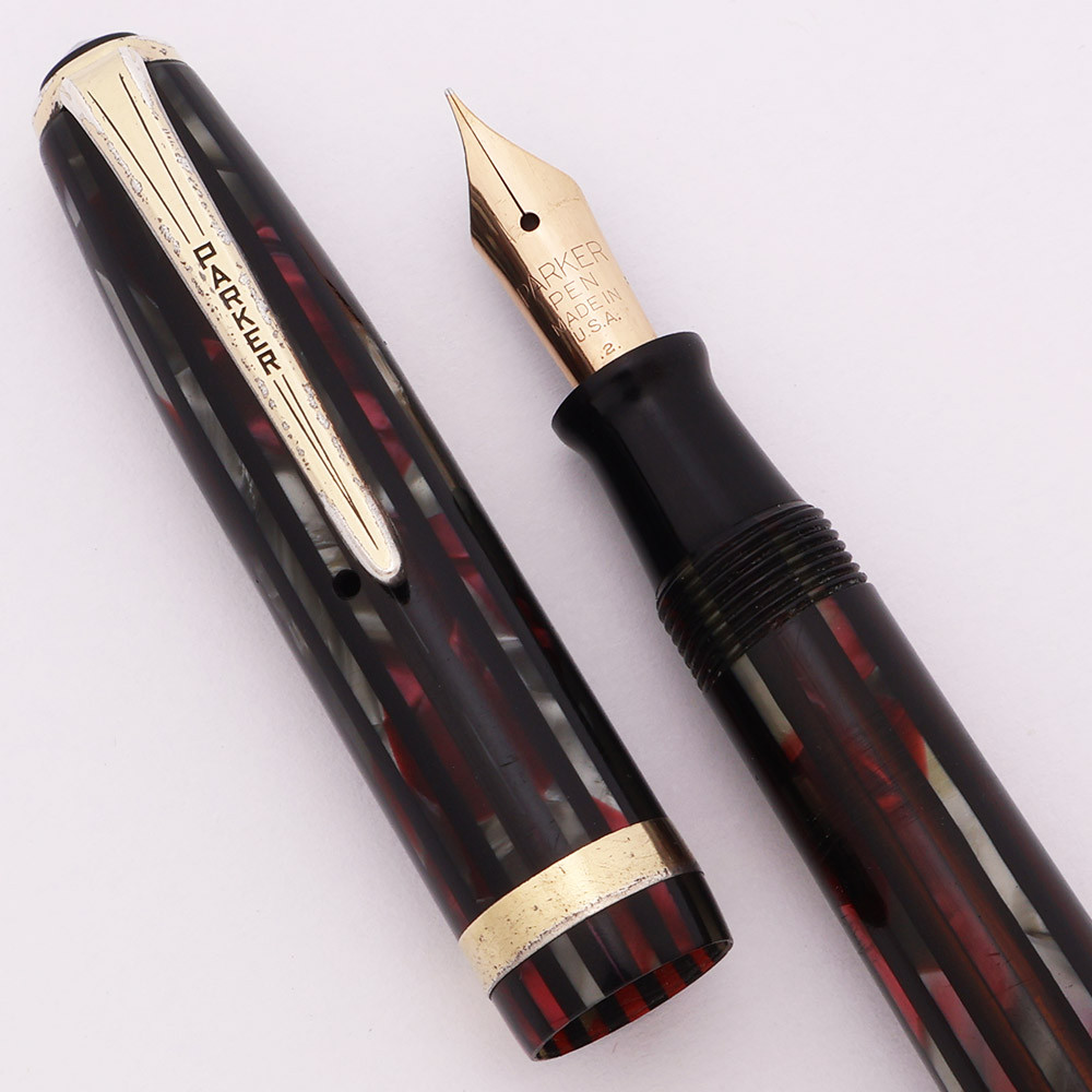 Parker Duovac Vacumatic Fountain Pen (1942) - Red Stripe, Extra-Fine Nib (Very Nice, Restored)