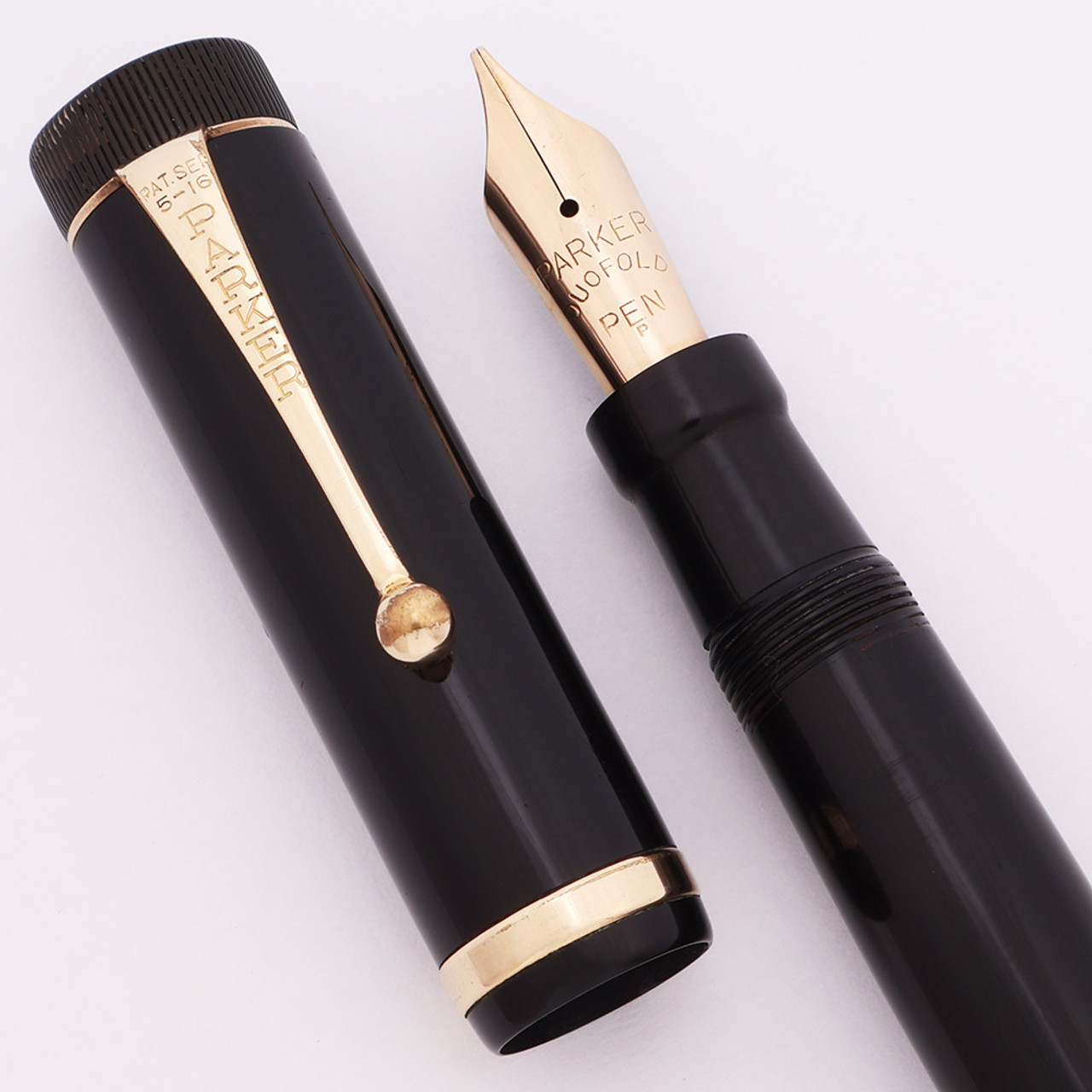 Parker Duofold Senior Fountain Pen (1920s) - Black, Raised Band, Medium 14k Nib (Excellent, Restored)