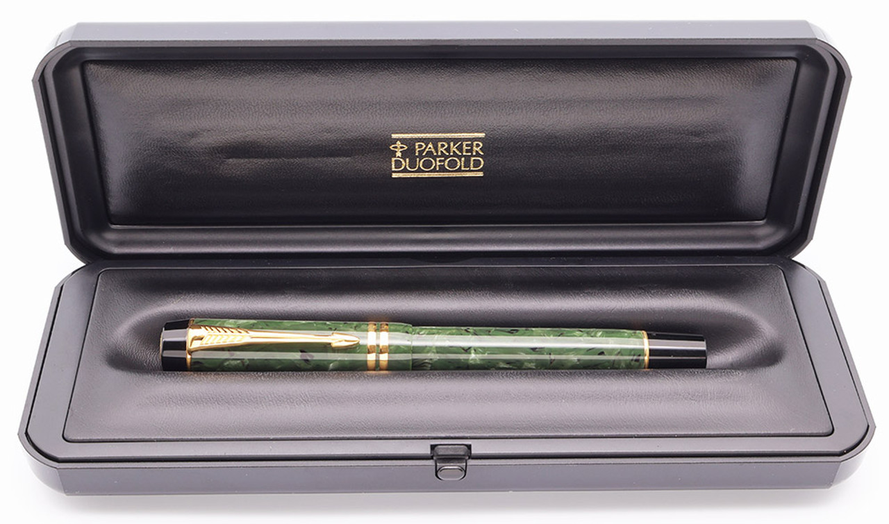 Parker Duofold Centennial Fountain Pen (1996) - Jade Green w GT, C/C, Mk II, 18k Medium Nib (Excellent + in Box, Works Well)