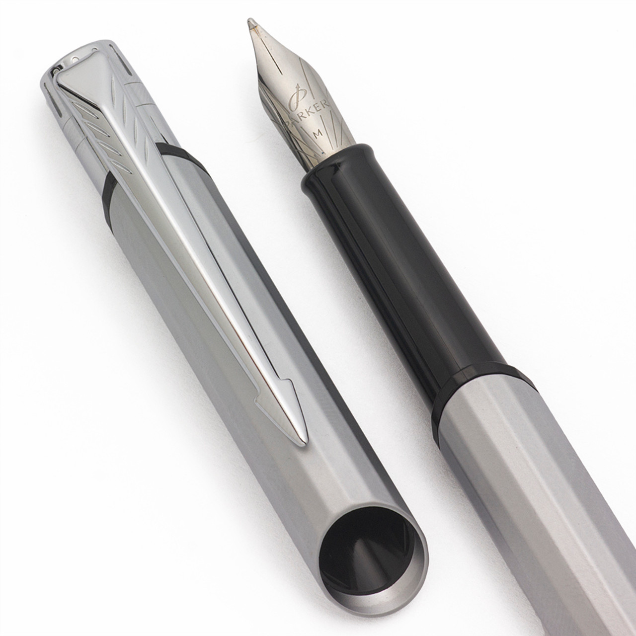 Parker Facet Fountain Pen (2009) - Mica Matte Chrome Faceted, Mini-Ink Cartridge Filler,  Medium Nib (Near Mint in Box, Works Well)