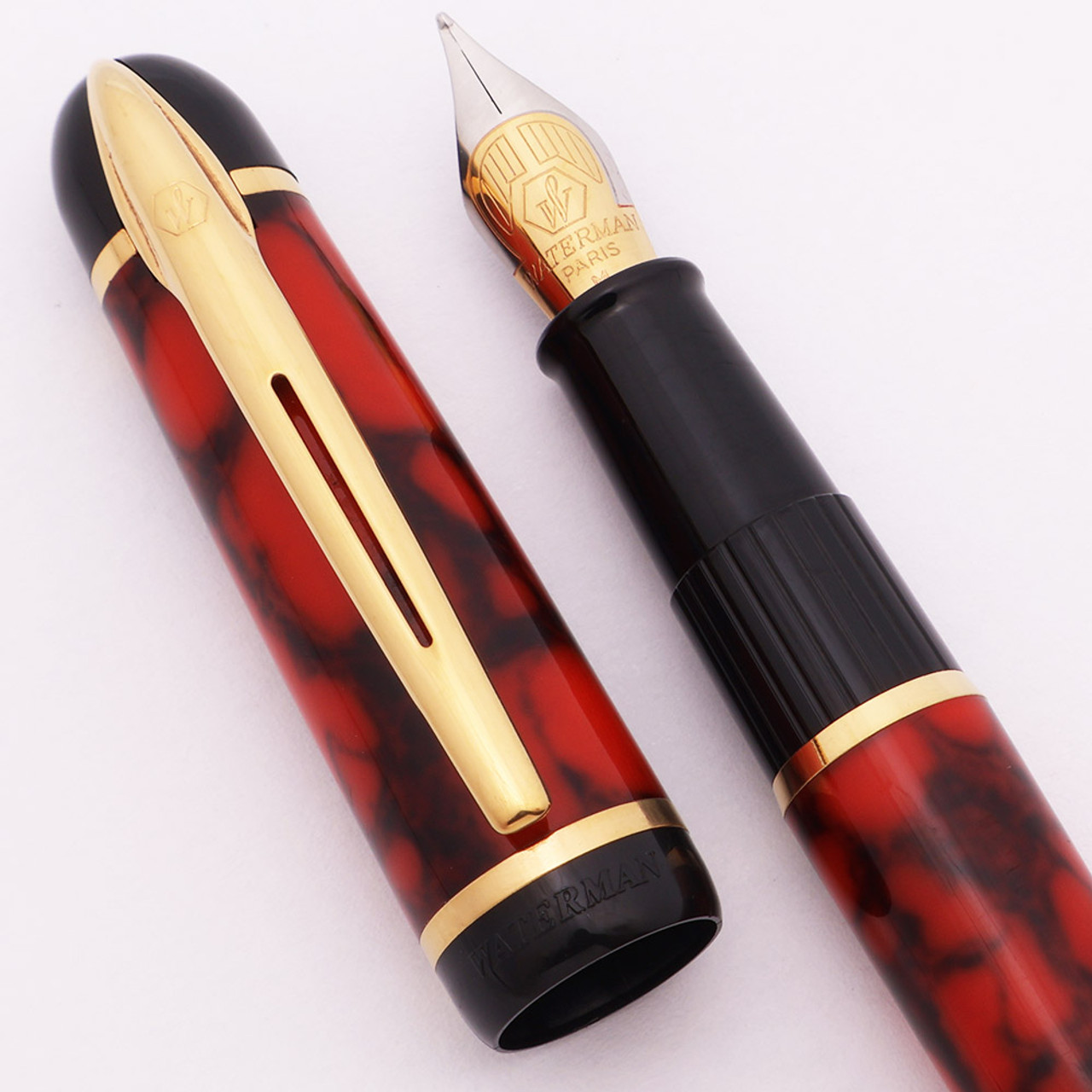 Waterman Phileas Fountain Pen (mid-1990s) -  Red Marble w/GT, C/C, Medium Two-Tone Nib (Excellent, Works Well)