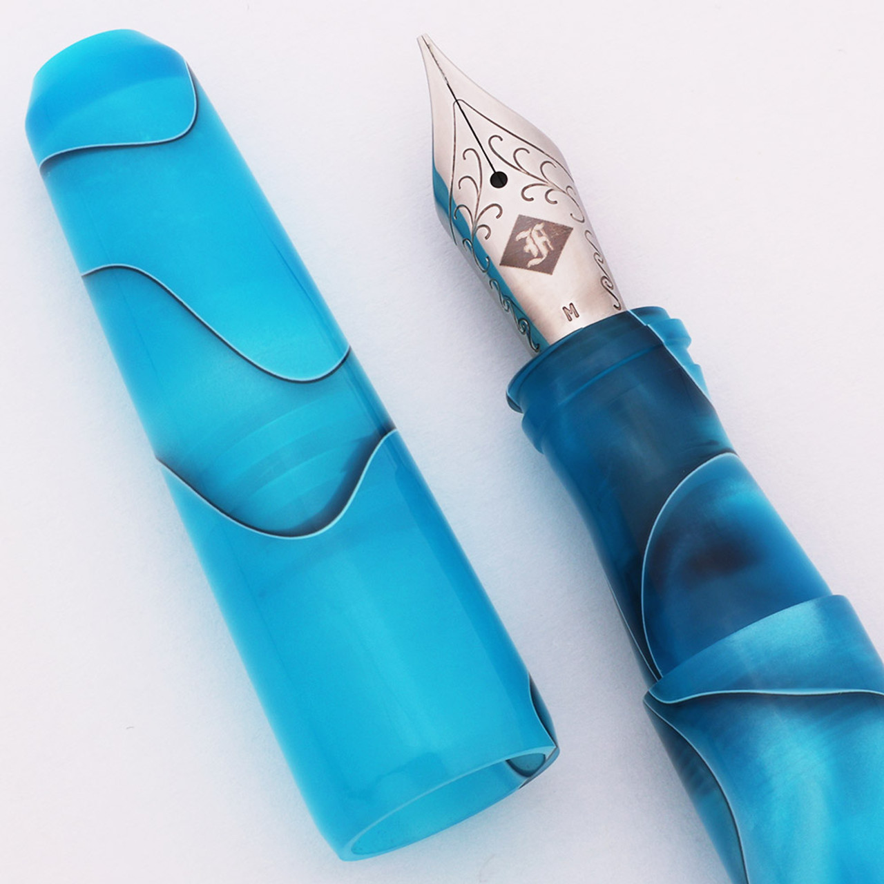 Franklin-Christoph Pocket 66 Fountain Pen - Turquoise w/Grey Squiggles, Cartridge/Eye-Dropper, Medium Steel Nib (Near Mint, Works Well)