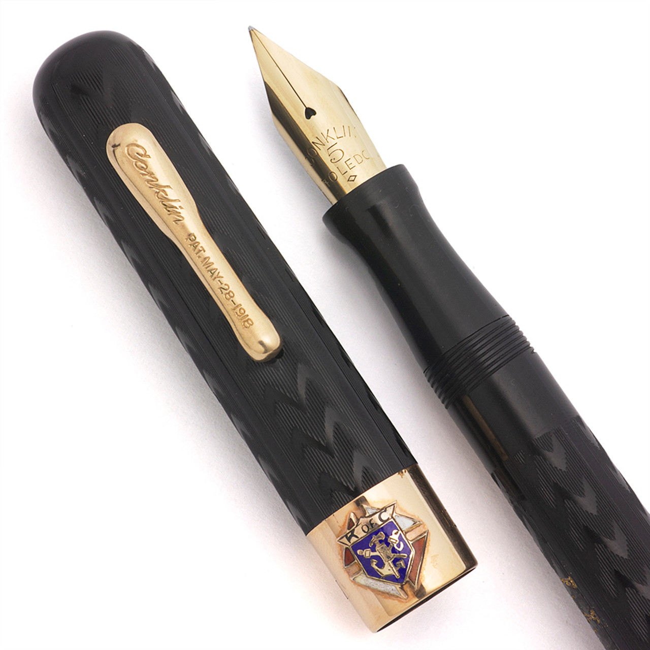 Conklin Crescent 50 (aka S5) Fountain Pen - BCHR w Knights of Columbus Band, Fine Flexible 14k #5 Nib (Superior, Restored)