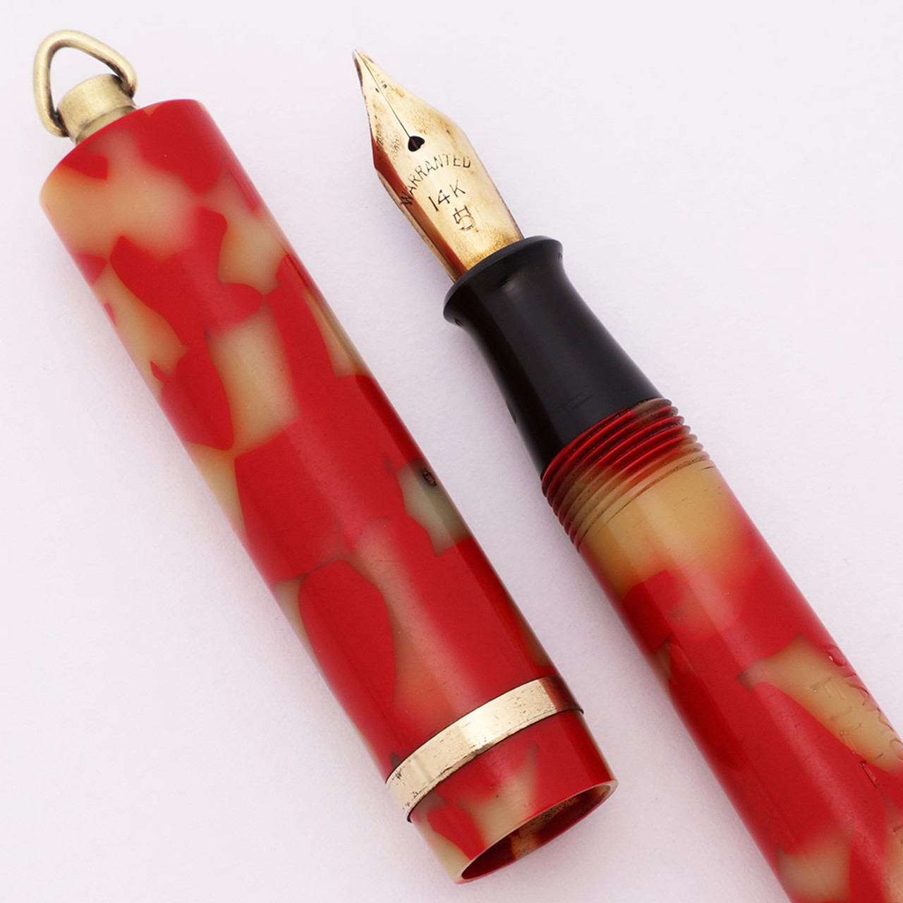 Diamond Point Tucolor Fill E-Z Ringtop Fountain Pen - Red and Cream Celluloid, Gold Trim, 14k #5 Warranted Nib (Excellent, Restored)