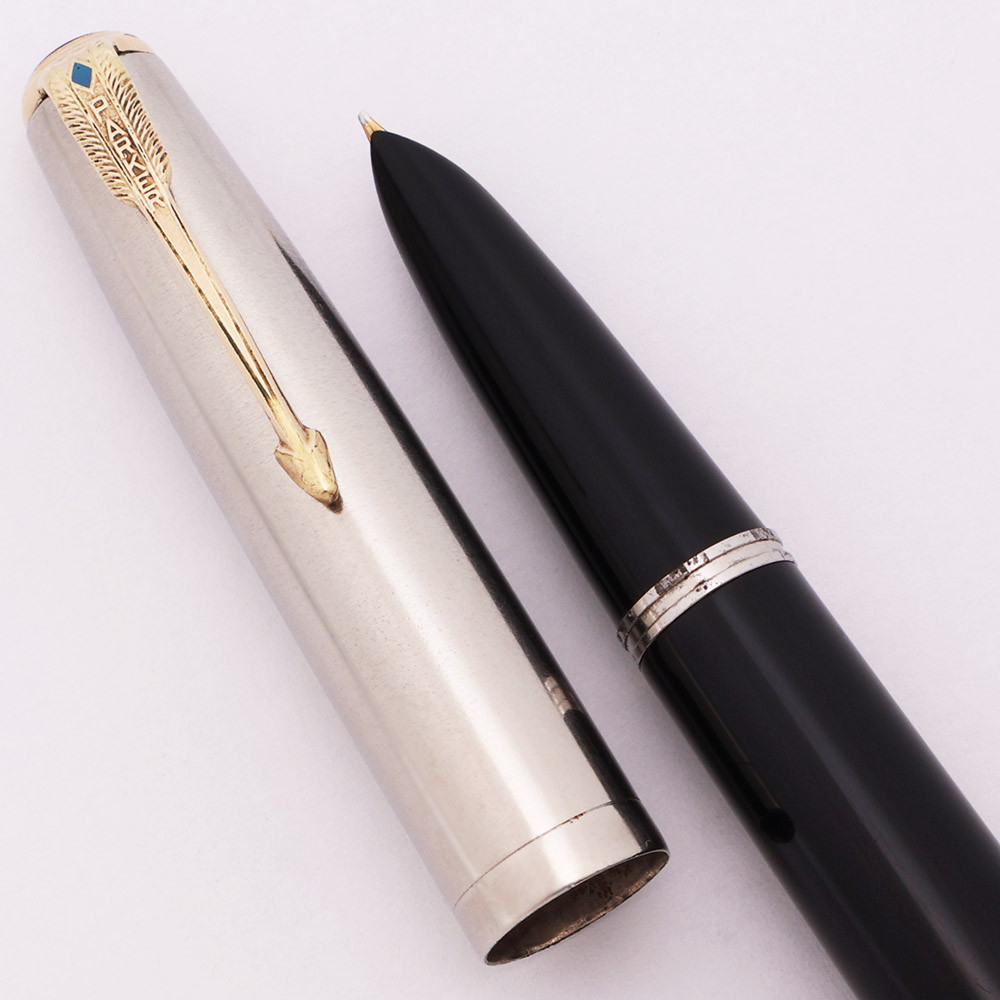 Parker 51 Vacumatic (1948) - Black, Lustraloy Steel Cap w Blue Diamond GF Clip, Fine (Excellent, Restored)