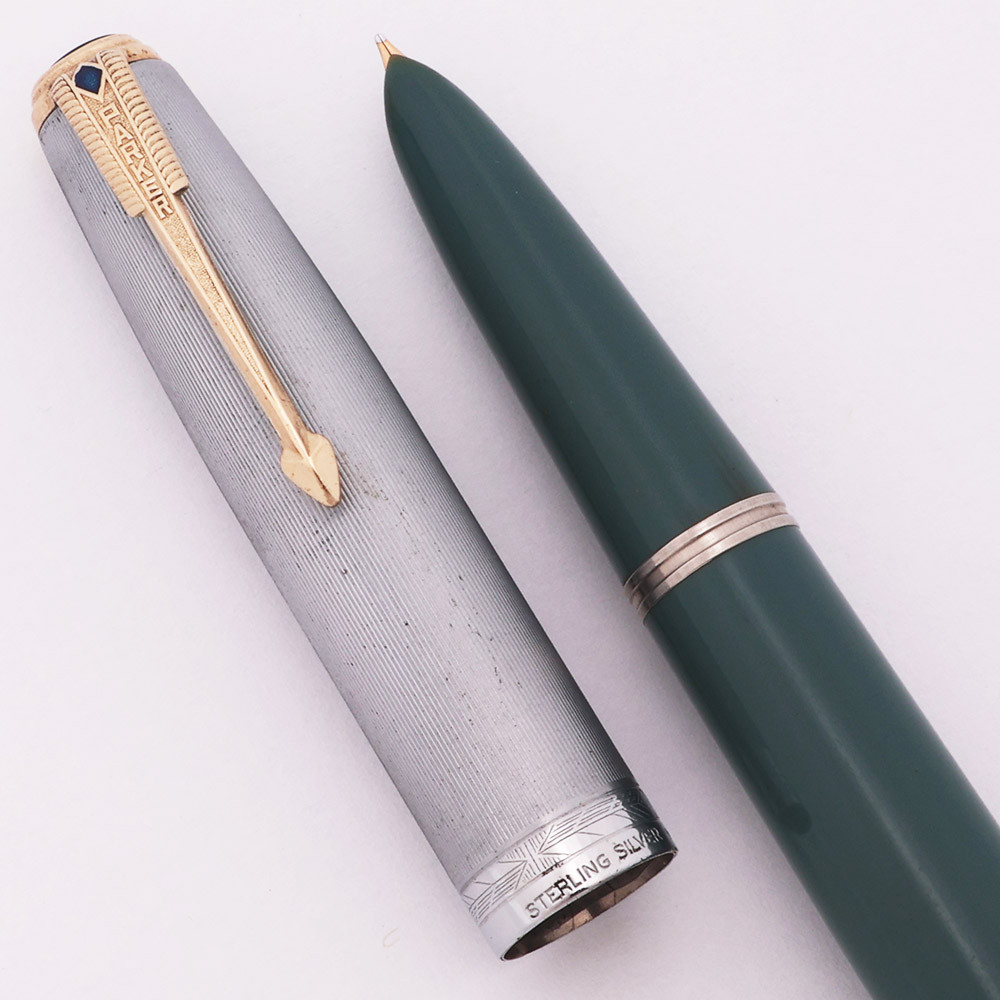 Parker 51 Vacumatic Prototype (1947) - Green-Grey, Sterling Silver Lined Cap, Gold Clip, Fine Gold Nib (Excellent +, Works Well)