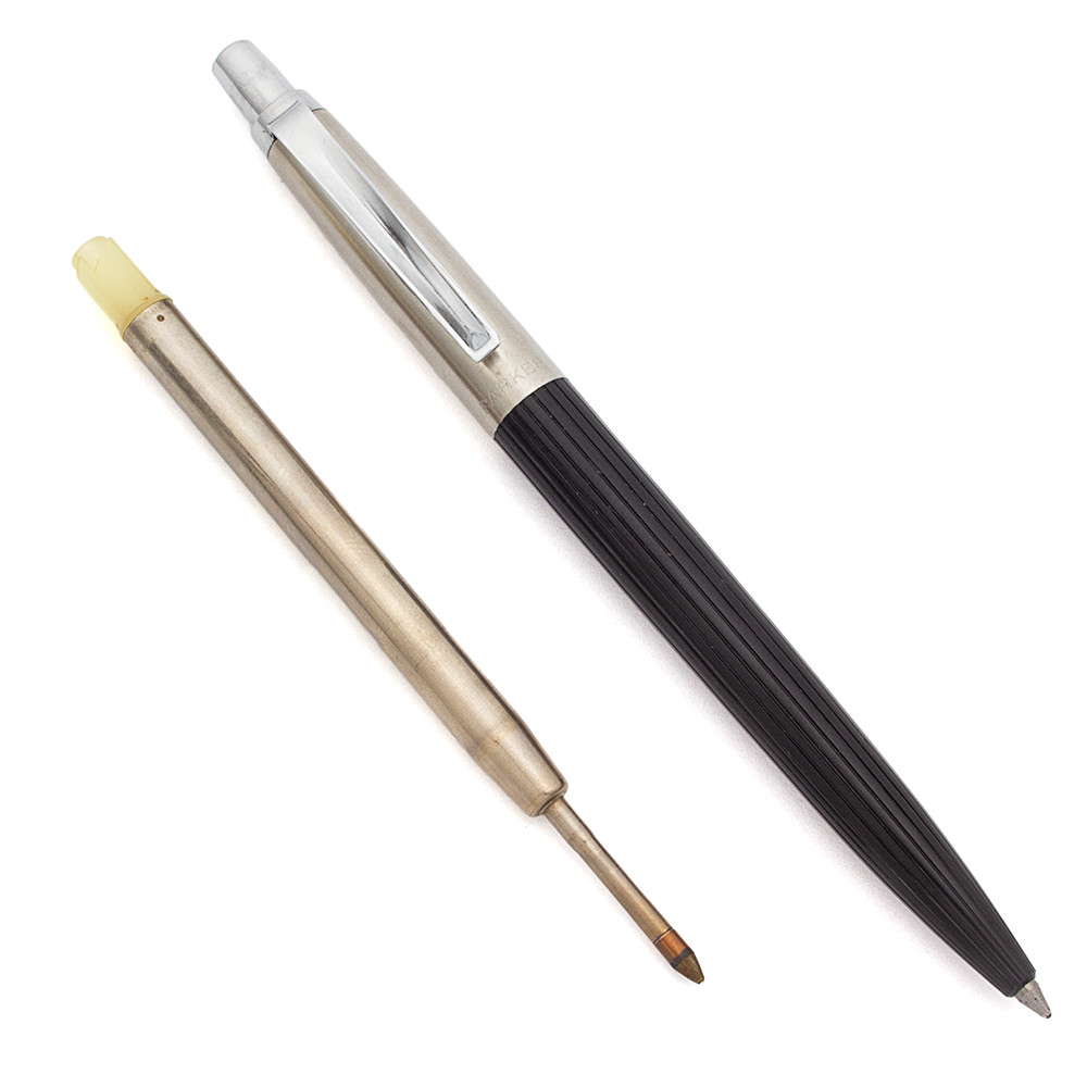 Parker Jotter Ballpoint (1954 First Year) Black Ridges w Silver Cap and Trough Clip, Early Parker Refill (Excellent, Works Well)