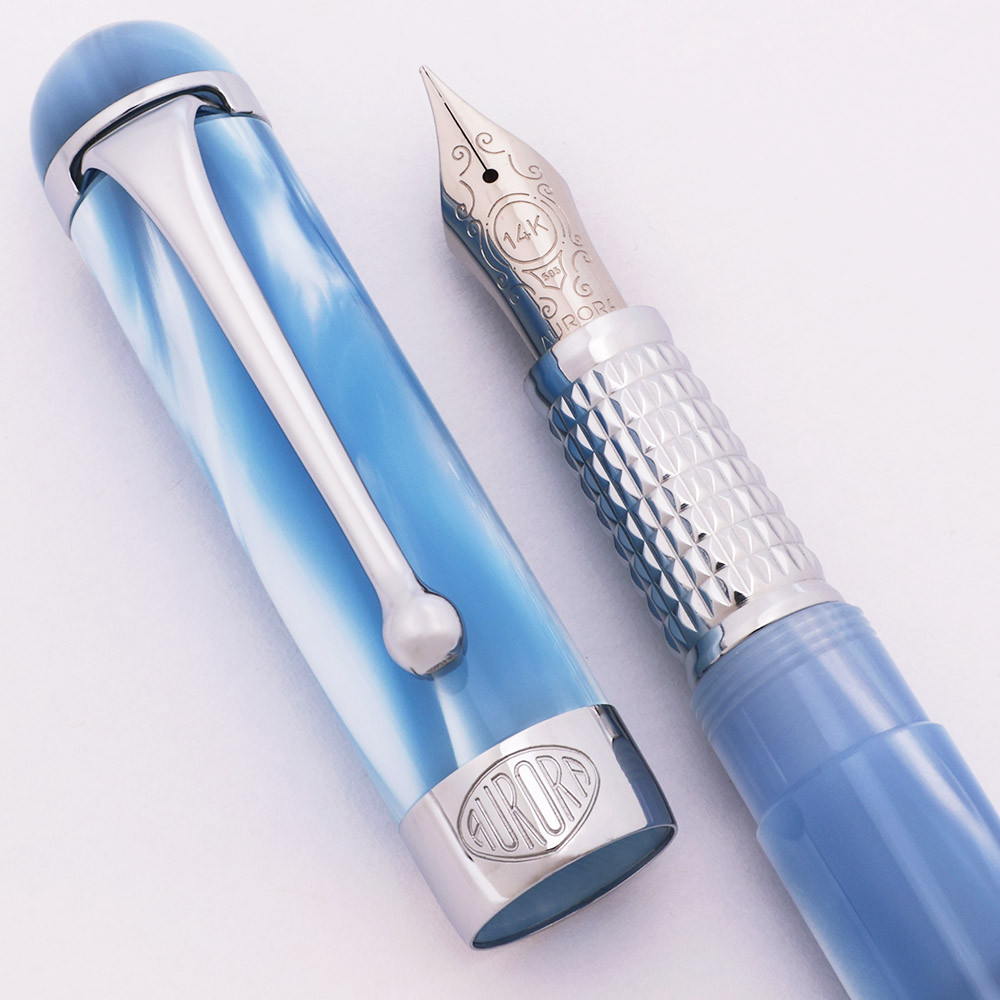 Aurora Alpha Fountain Pen - Sky Blue, Rhodium Trim, C/C, 14k Fine