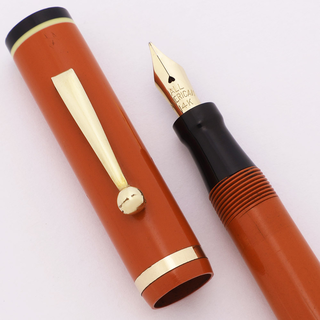 All American (Conklin Sub-brand) Fountain Pen  (1930-33) - Orange  w Black White Bands, Lever Filler, Flexible Medium 14k Nib (Excellent, Restored)
