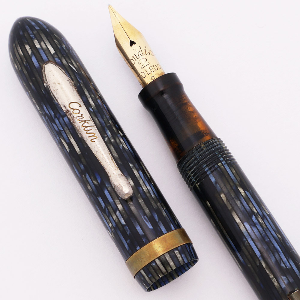 Conklin Glider Fountain Pen - Blue & Grey Striped, Fine Flexible 14k Nib (Very Nice, Restored)
