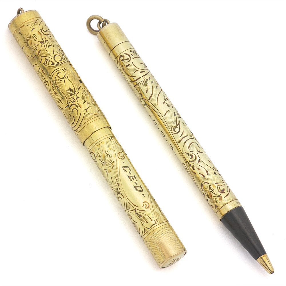 Waterman 0552 1/2 V Fountain Pen Set (1920's) - Fully Engraved Floral Pattern w Plain Panels, Flexible IDEAL Nib (Excellent +, Restored)
