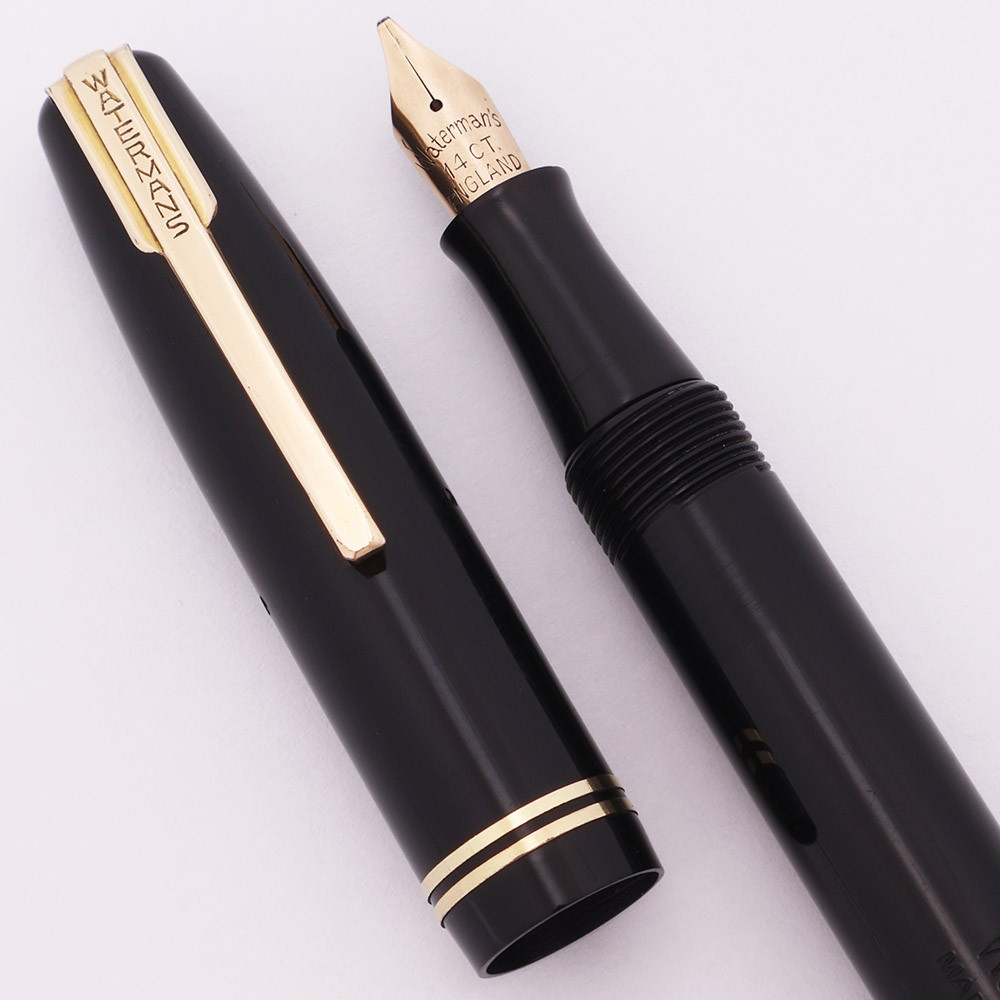 Waterman Stalwart (?)  Fountain Pen (1940s, England)  - Black w Gold Trim, Lever Filler, W-2A Medium Flexible Stub 14K Nib (Excellent, Restored)
