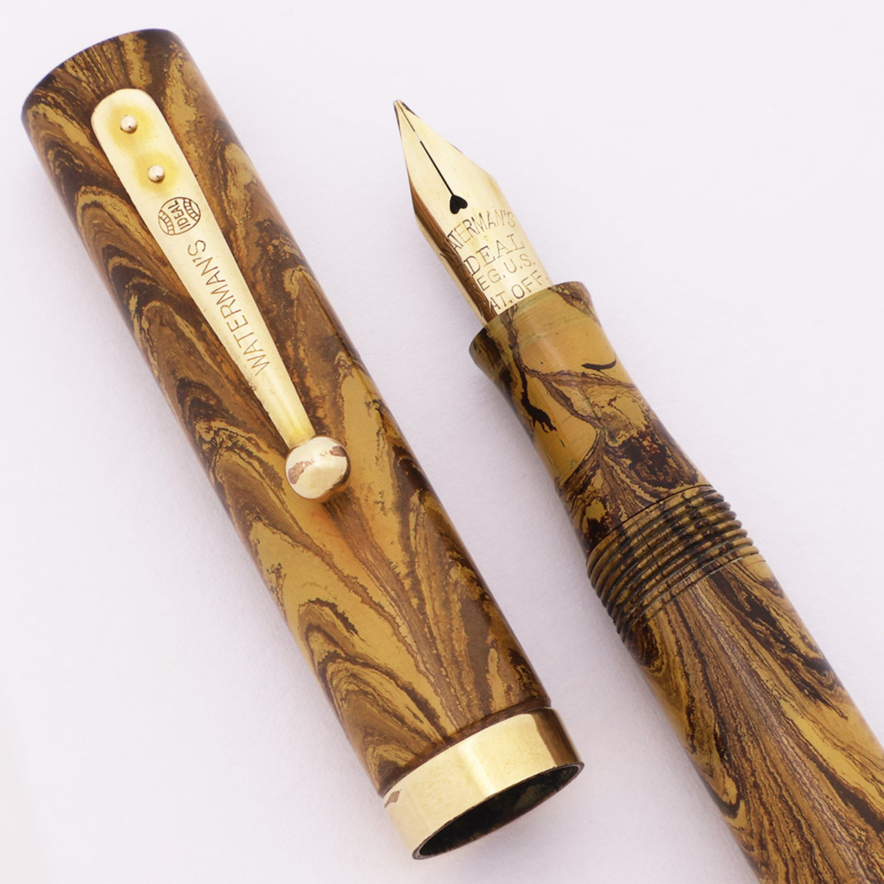 Waterman 52 V Fountain Pen (1920s) - Olive Ripple Rubber w GF Trim, Fine Flexible Nib (Superior, Restored)