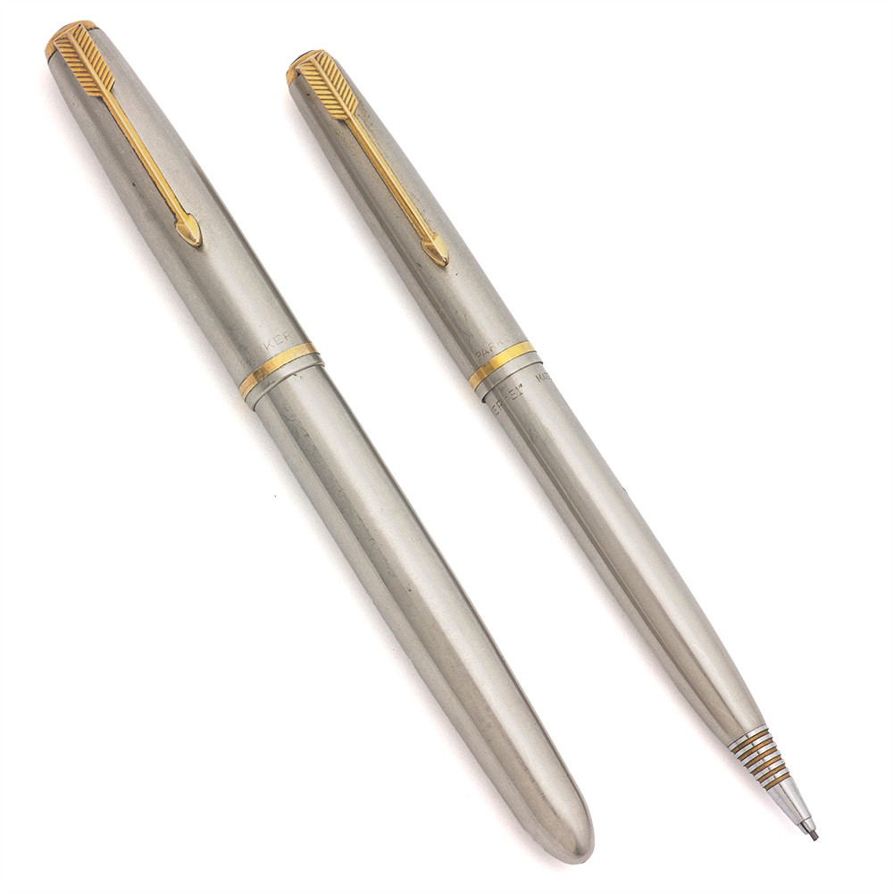 Parker 51 Aerometric Flighter Fountain Pen and Pencil Set (1955) - Flighter w GP Trim, Medium-Fine 14k Nib (Very Nice, Works Well)