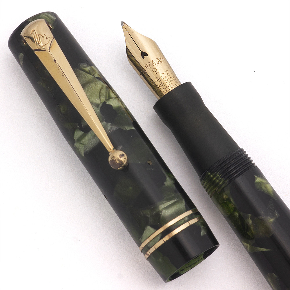 Mabie Todd Swan Self-Filler (UK, 1930s) - Green Marble, Lever