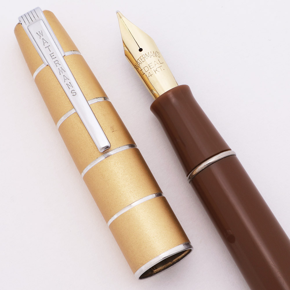 Waterman Crusader Fountain Pen (1940s) - Brown w Gold Cap, Lever Filler, Medium Flexible Open Nib (Excellent, Restored)