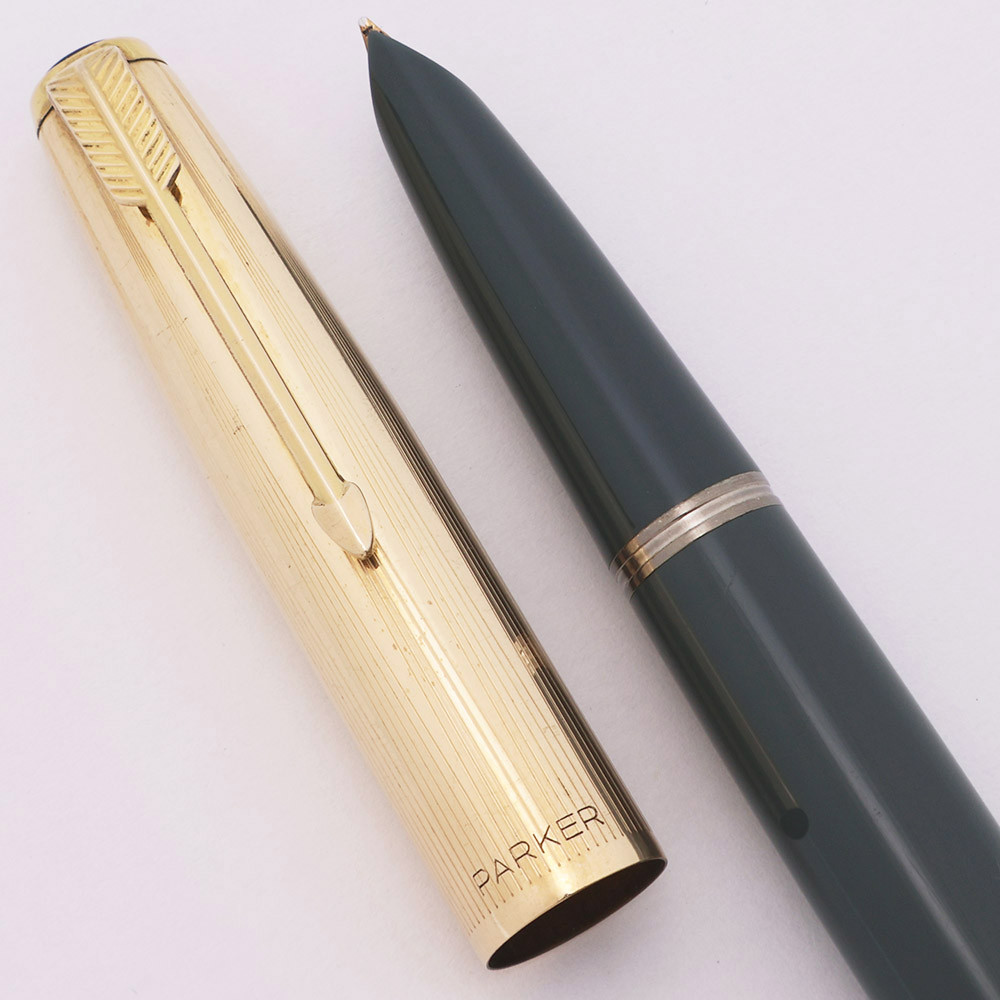 Parker 51 Aerometric Fountain Pen (1950s, UK) - Navy Gray with GF Cap, Medium Gold Nib (Excellent, Works Well)