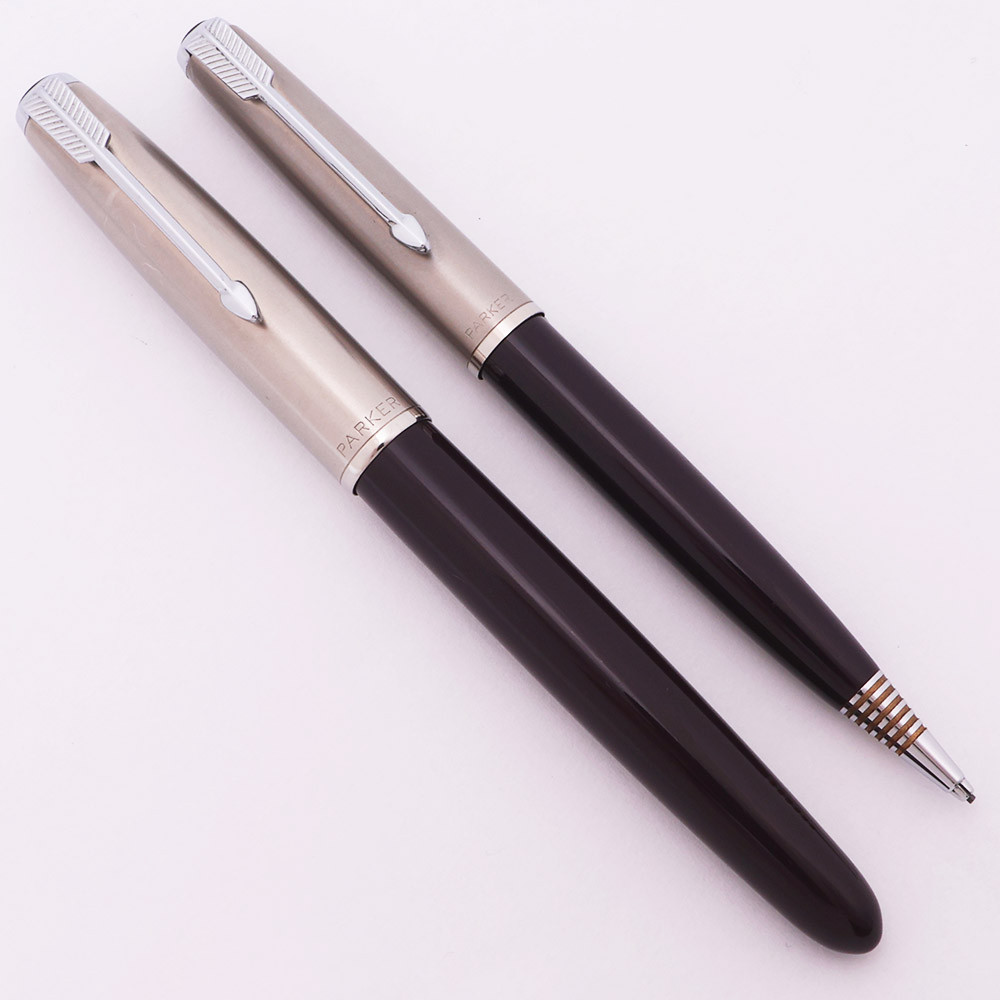 Parker 51 Aerometric Demi Fountain Pen and Pencil Set  (1949) - Plum w Lustraloy Caps, Fine Gold Nib  (Superior,  Hard to Find)
