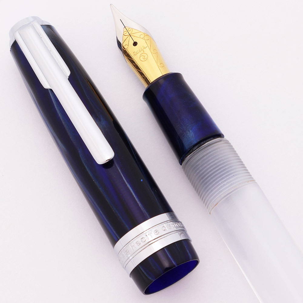 Recife Crystal Fountain Pen - Blue w/Chrome Trim, Eyedropper Filler, Medium-Fine GP Steel Nib (Near Mint, Works Well)