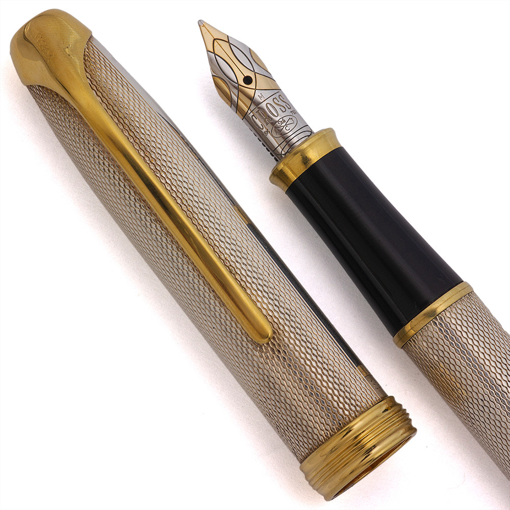 Cross Pinnacle Fountain Pen (late 1990s) - Argent Massif, Sterling Barleycorn, w/GT, C/C,  18k Medium Two-Tone Nib (Near Mint in Box, Works Well)