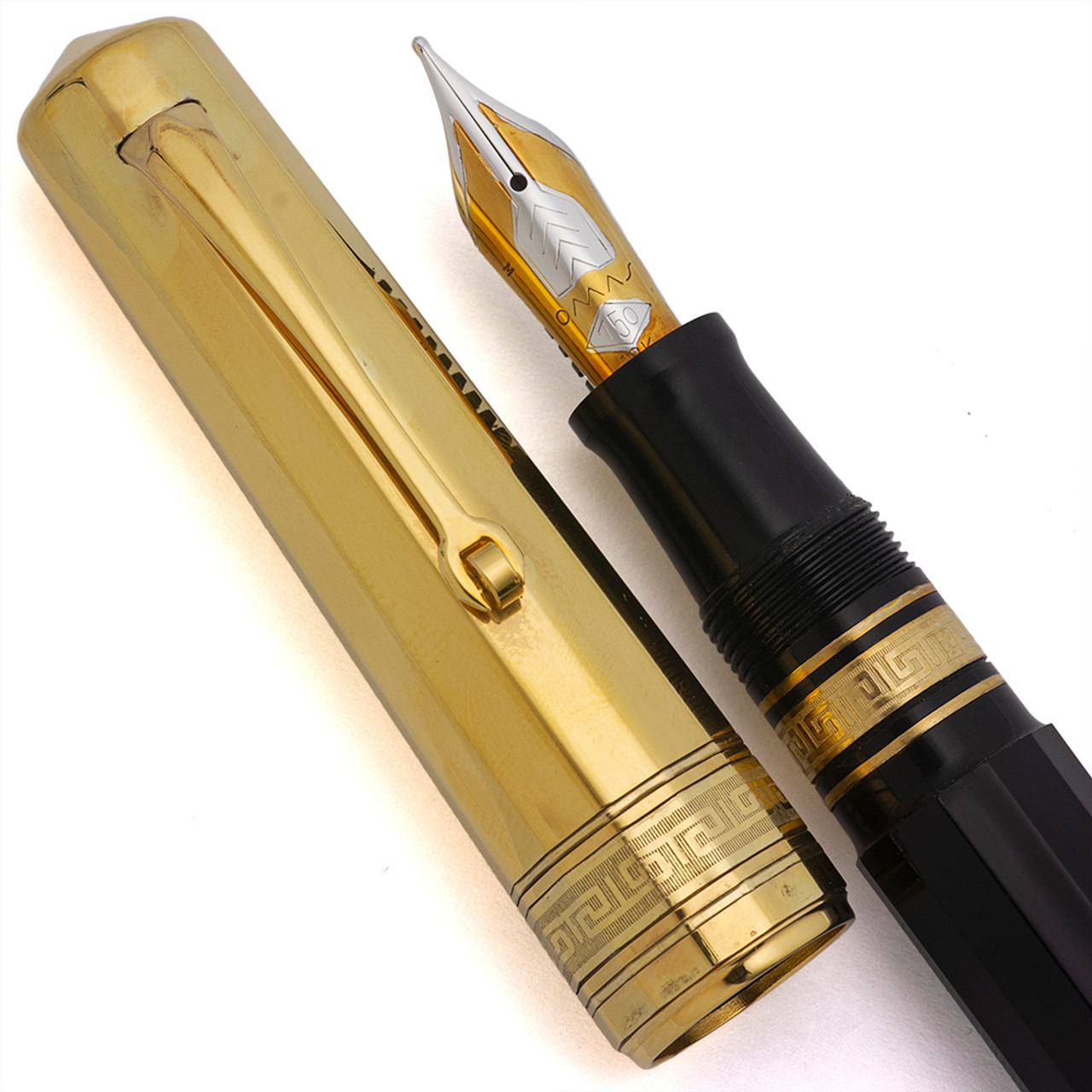 Omas Arte Italiana "Precious Facets" Paragon Fountain Pen (1990) - Black w Vermeil Cap (Faceted), Piston Fill, 18k Medium (New, Excellent +, Works Well)