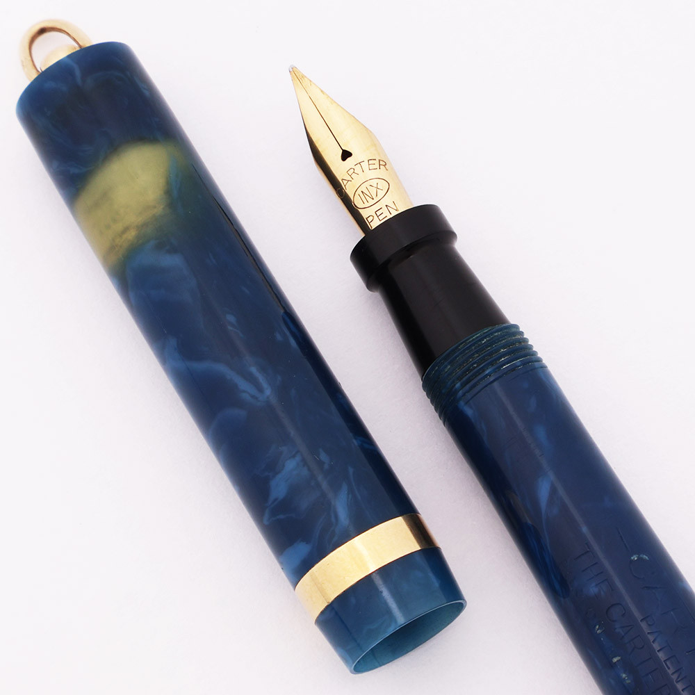 Carters 5233 INX Ring Top Fountain Pen (1930s) - Blue Marble w/GT, Lever Filler, Flexible Fine (Excellent, Restored)