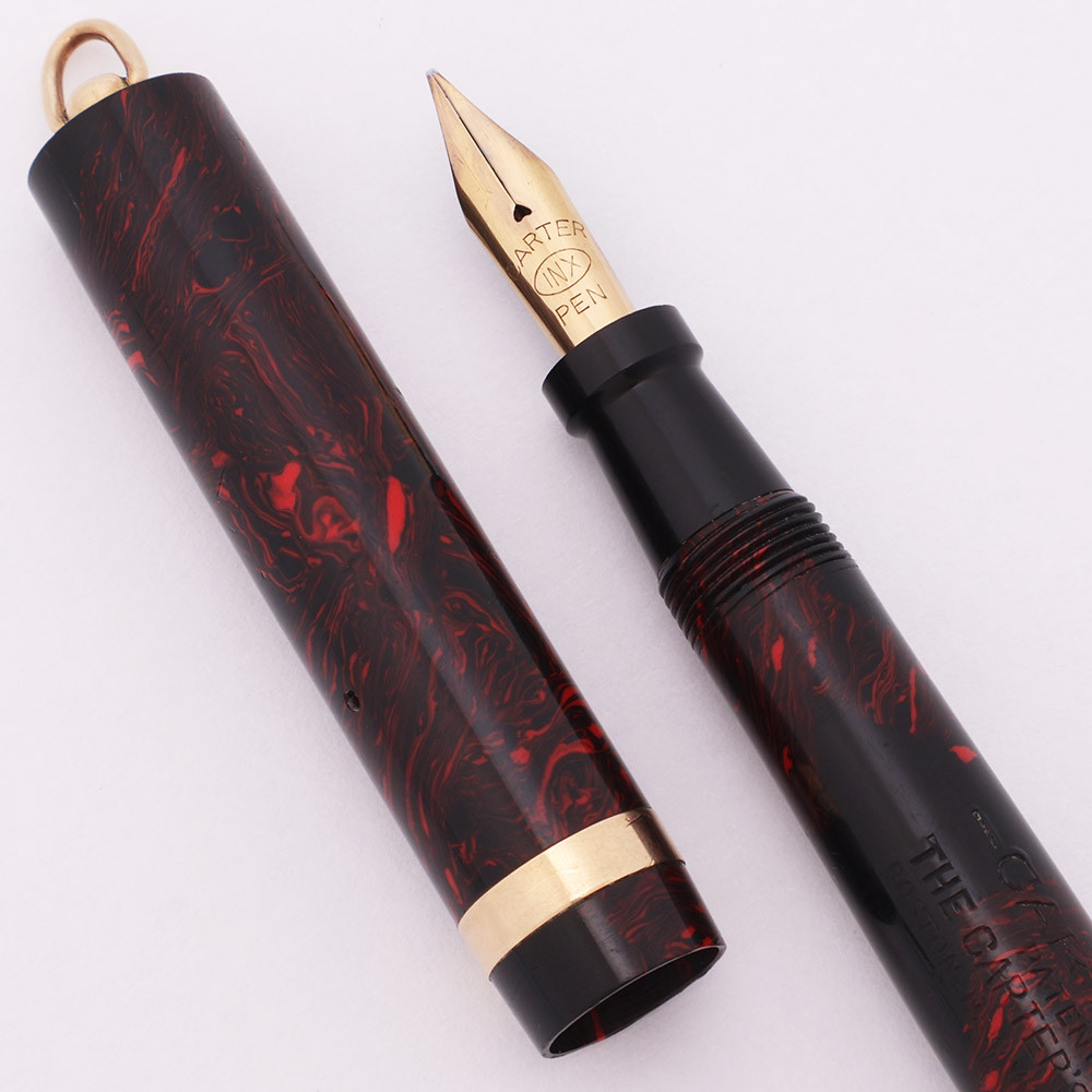 Carters 4233 INX Ring Top Fountain Pen (1930s) - Red Mottled Celluloid, 14k Medium Flexible Nib (Excellent, Restored)