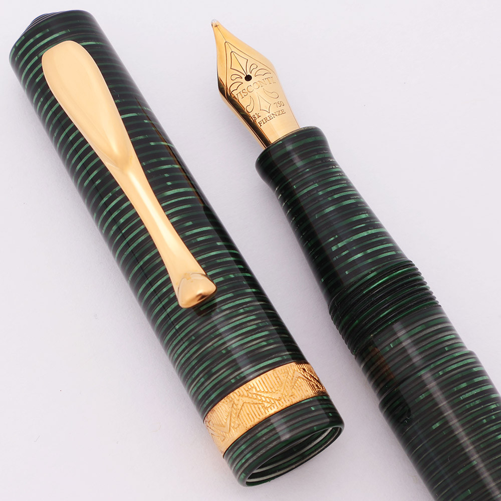 Visconti Manhattan Fountain Pen (1990s) - Emerald Green Celluloid, Power Filler, 18k Broad (Excellent +, Works Well)