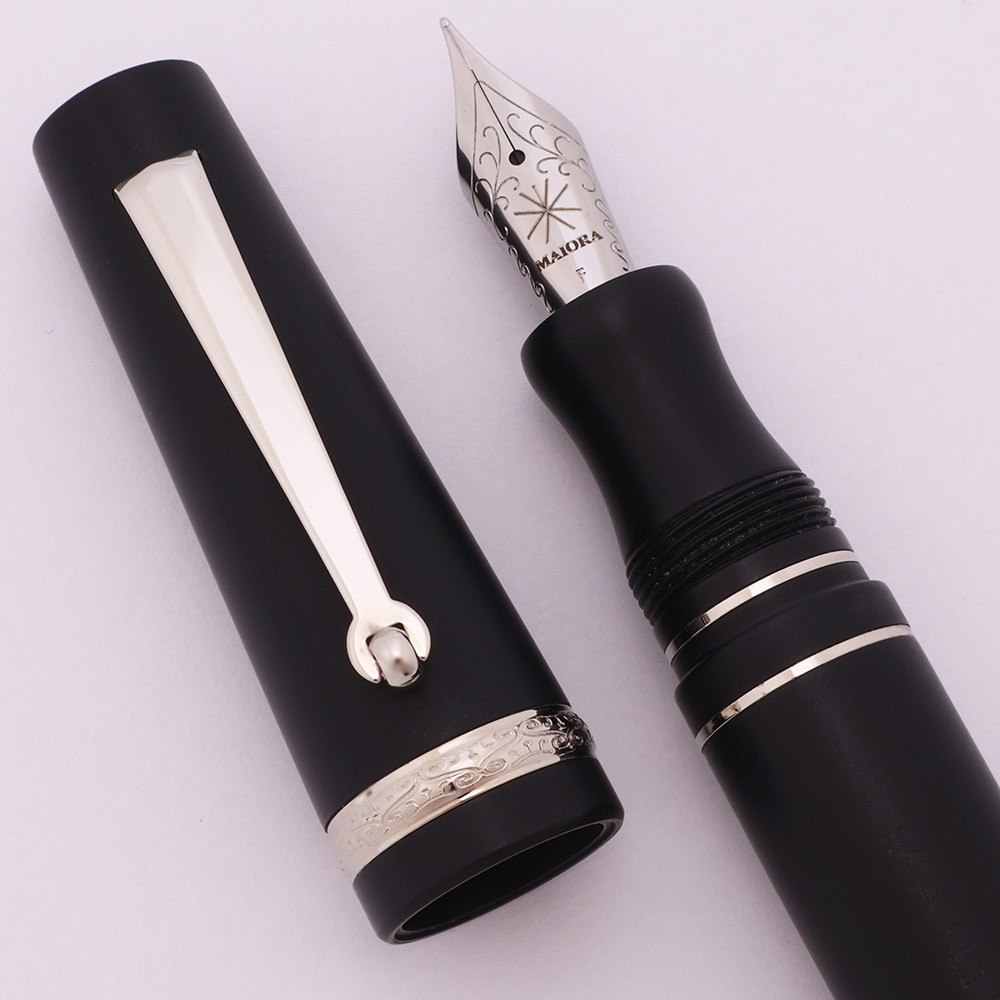 Maiora Aventus "Lapillo" Fountain Pen - Matte Black Resin, Palladium Trim, Ornate Cap Band, Fine Steel Nib (Near Mint, Works Well)