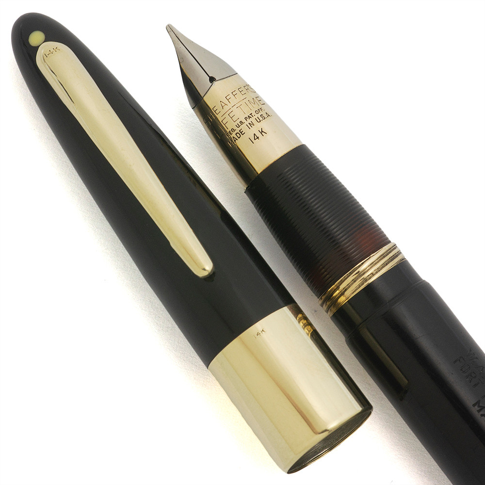 Sheaffer Signature 1750 Fountain Pen (1950s) - Black w 14k Cap Band and Clip, Vac-Fil, Broad 14k Triumph Lifetime Nib (Excellent, Restored)