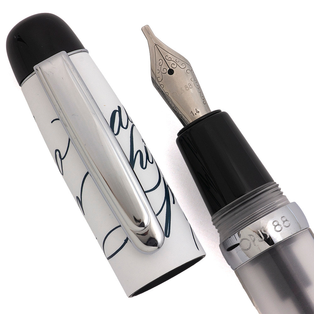 Opus 88 Mini Fountain Pen - White Cap w Cursive Alphabet, Japanese