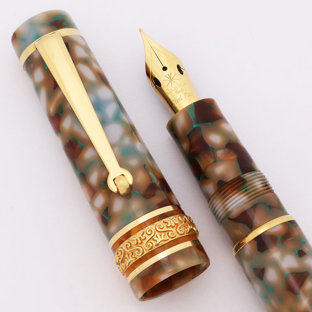 Maiora Alpha Fountain Pen - Ercolano White-Brown-Turquoise Resin, GP Trim, Vermeil Cap Band, F Steel "Flex" Nib (Near Mint, Works Well)
