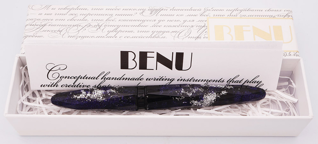 Benu Briolette Fountain Pen - Black w/Silver & Purple Sparkles, C/C, Extra-Fine GP Iridium Point Nib (Mint in Box, Works Well)