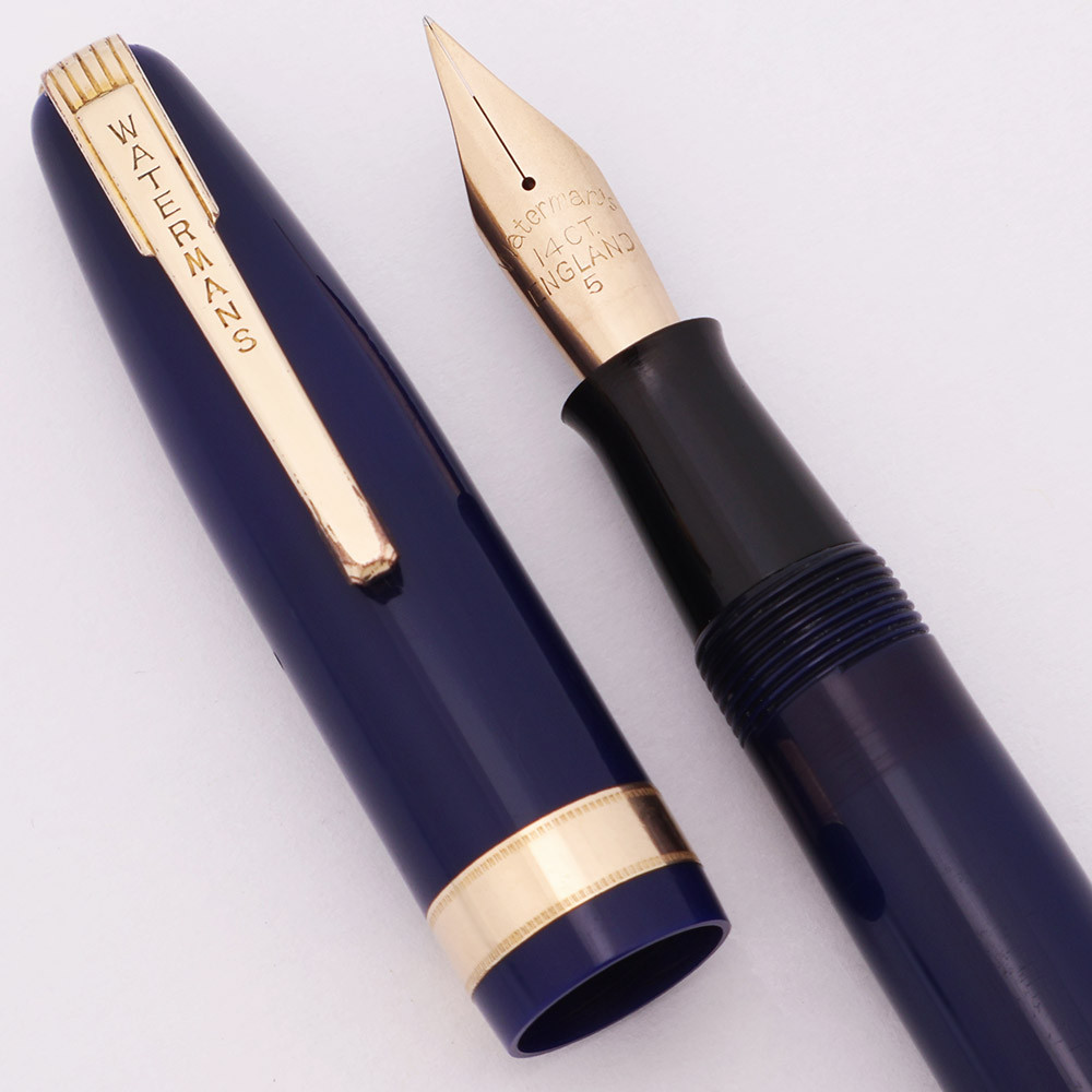 Waterman 515 Fountain Pen (UK, 1940s) - Blue w GT, Lever Filler, 14k Fine Flexible #5 Nib (Excellent, Restored)