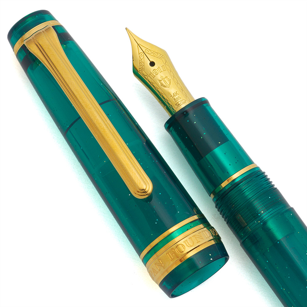Sailor Pro Gear Slim Fountain Pen - Blue Green Nebula w Gold Trim, C/C, Hard-Fine (H-F) 14k Nib (Near Mint in Box, Works Well)